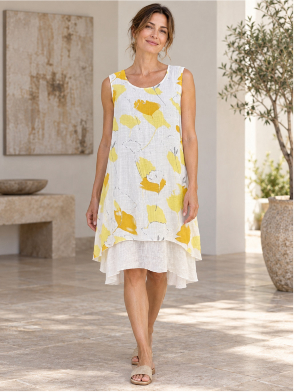 KLEIO Dress Women’s L Layered High Low Lagenlook Art to Wear Floral White Yellow